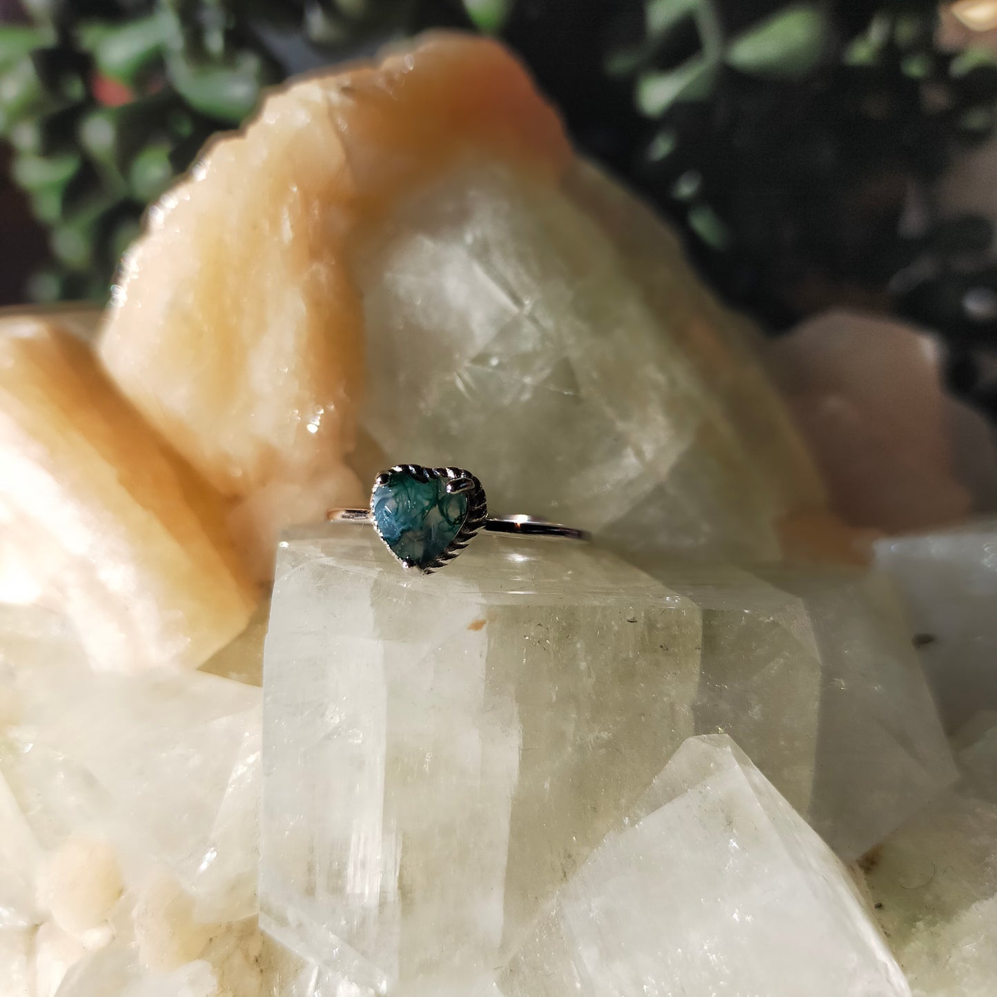 Silver Moss Agate Heart Ring