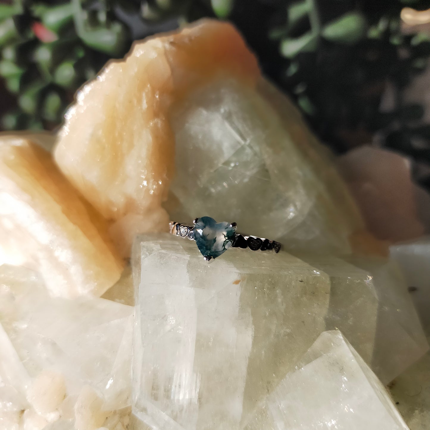 Silver Moss Agate Heart Ring