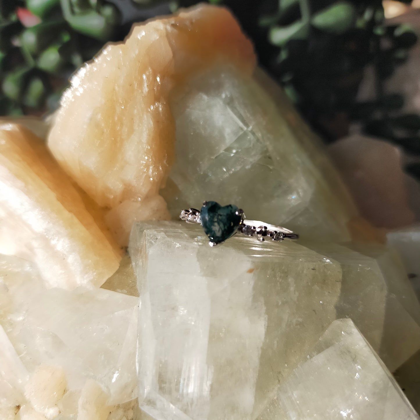 Silver Moss Agate Heart Ring