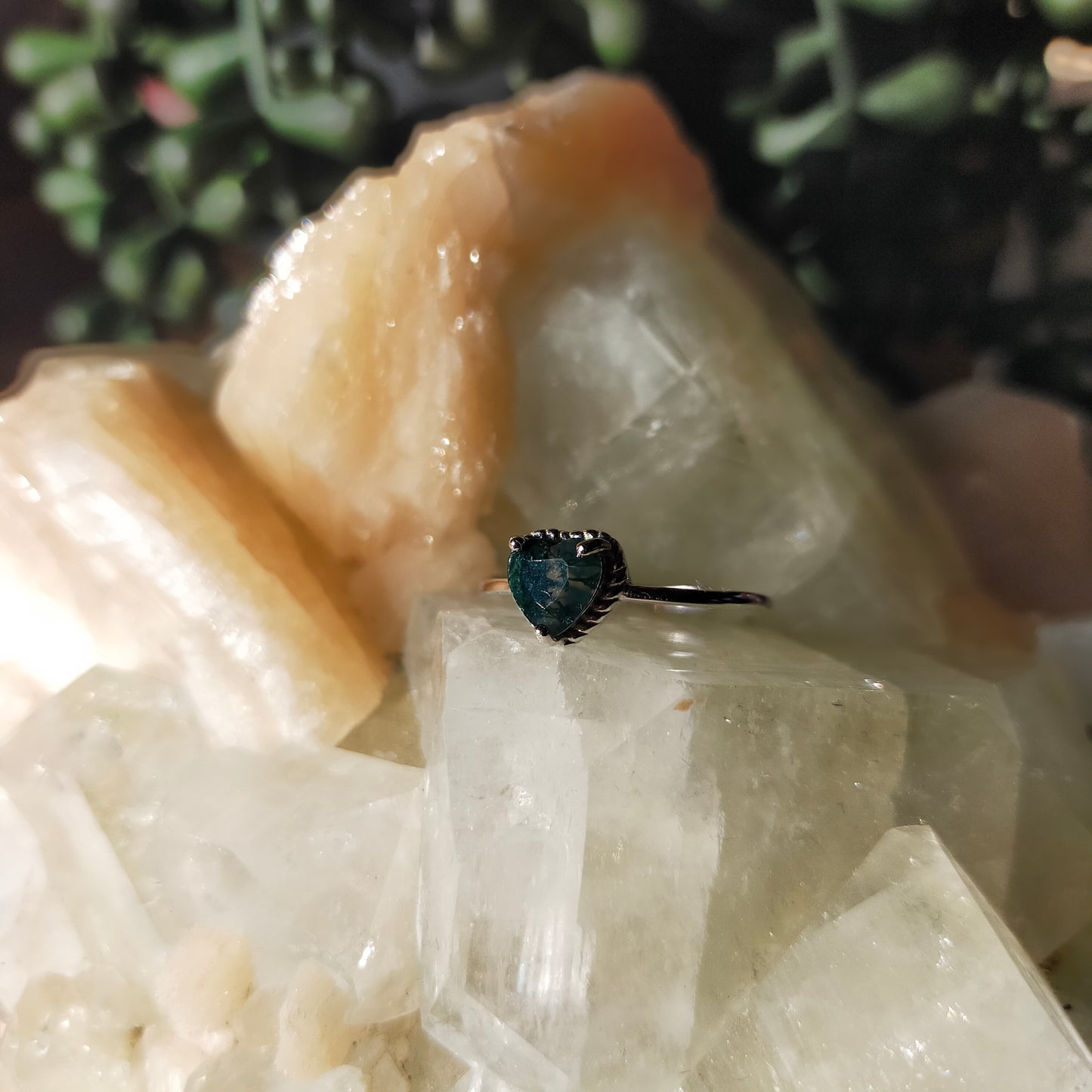 Silver Moss Agate Heart Ring