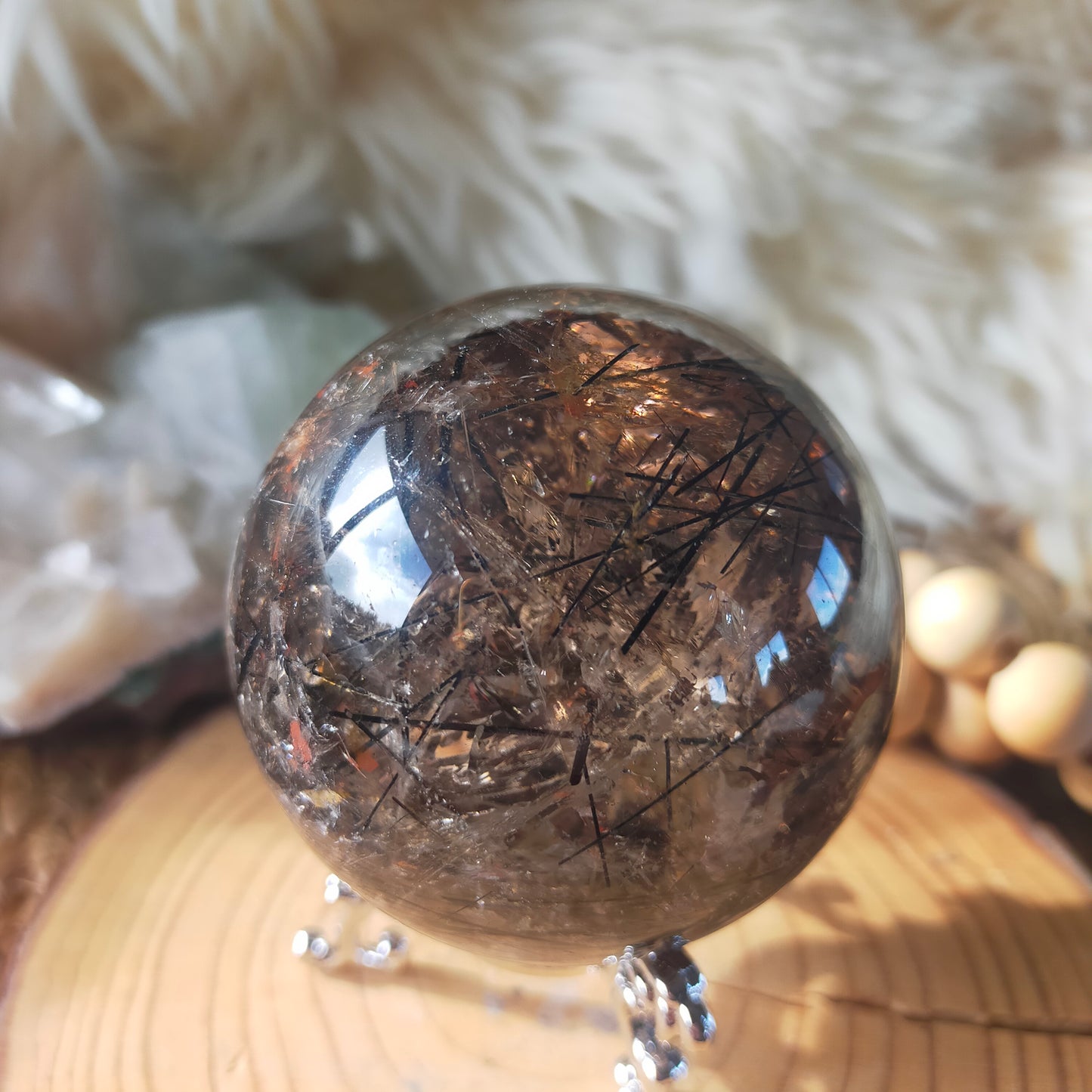 Black Tourmaline in Smokey Quartz Sphere