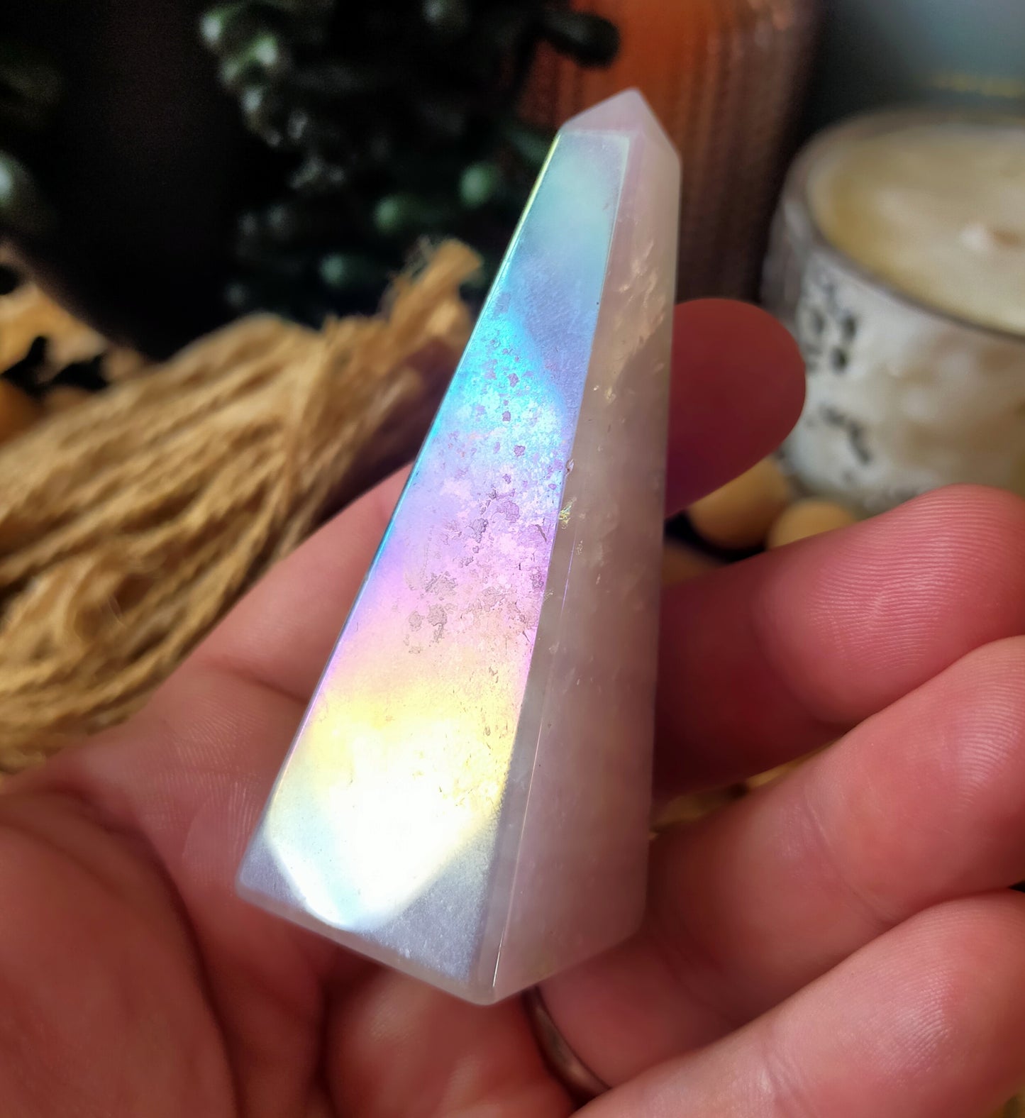 Aura Coated Rose Quartz Obelisk