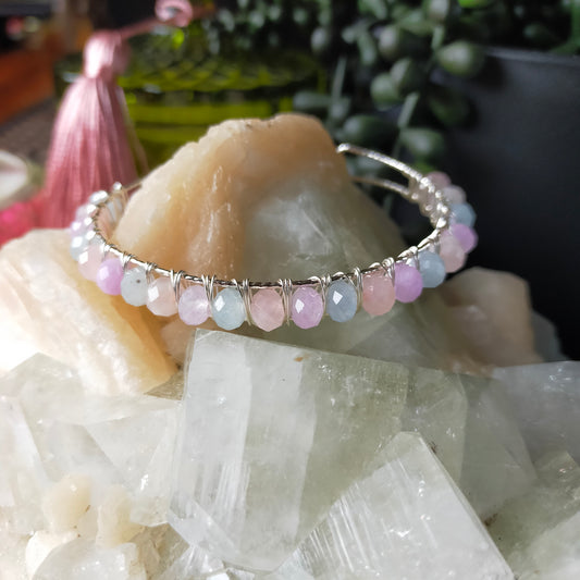 Gorgeous Rose Quartz, Aquamarine and Amethyst Bangle