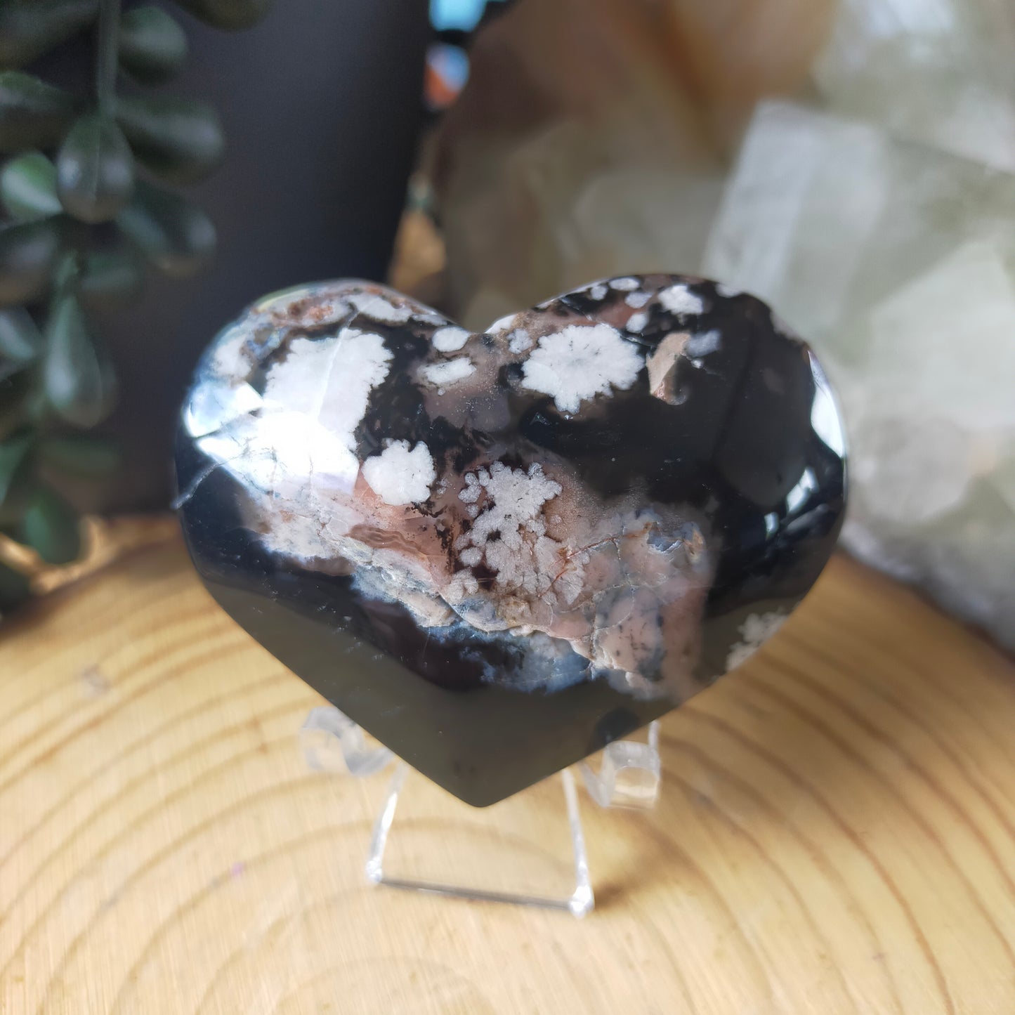 Black Flower Agate Heart