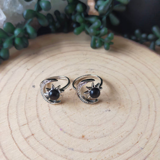 Silver Sheen Obsidian Sun and Moon Ring