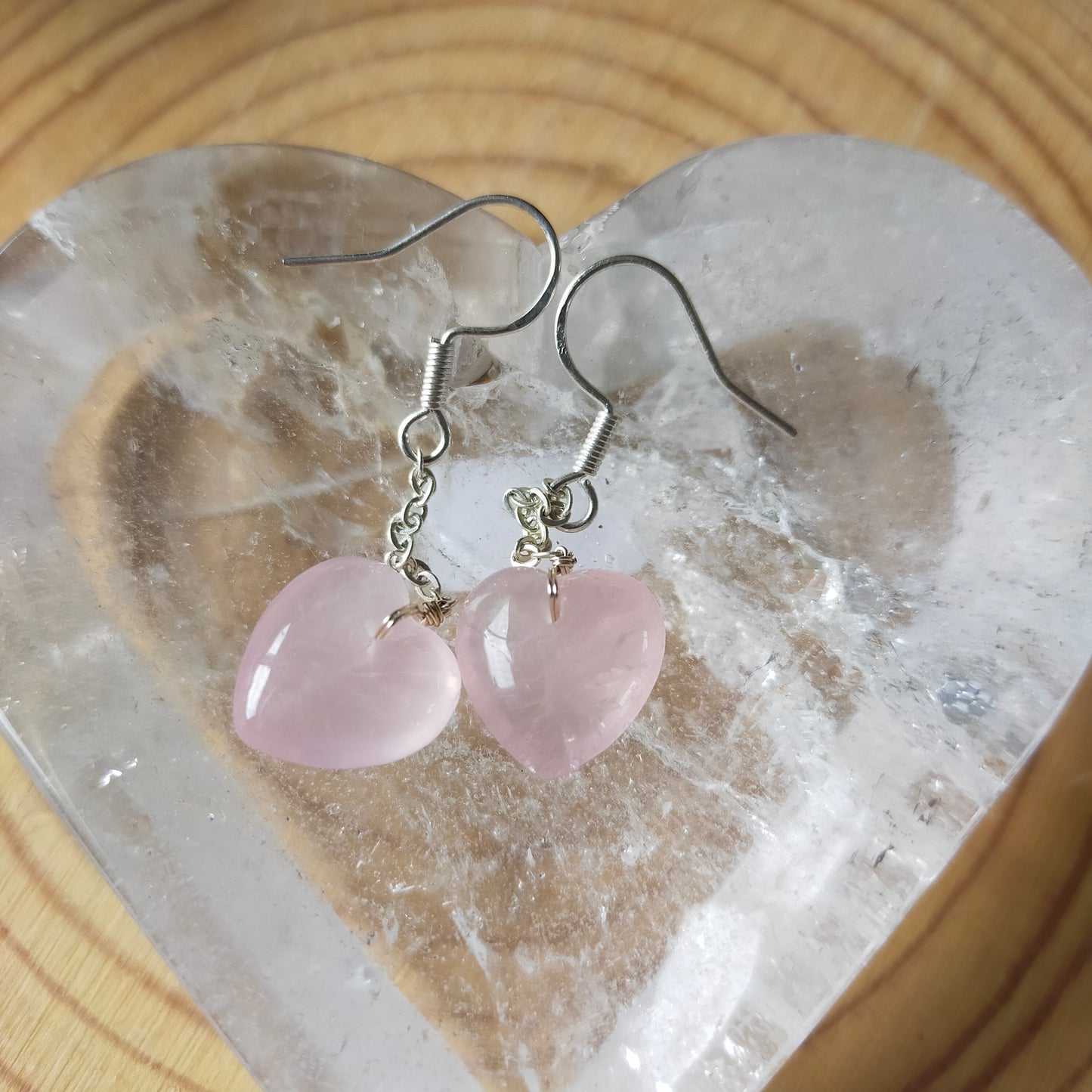 Silver Rose Quartz Heart Earrings