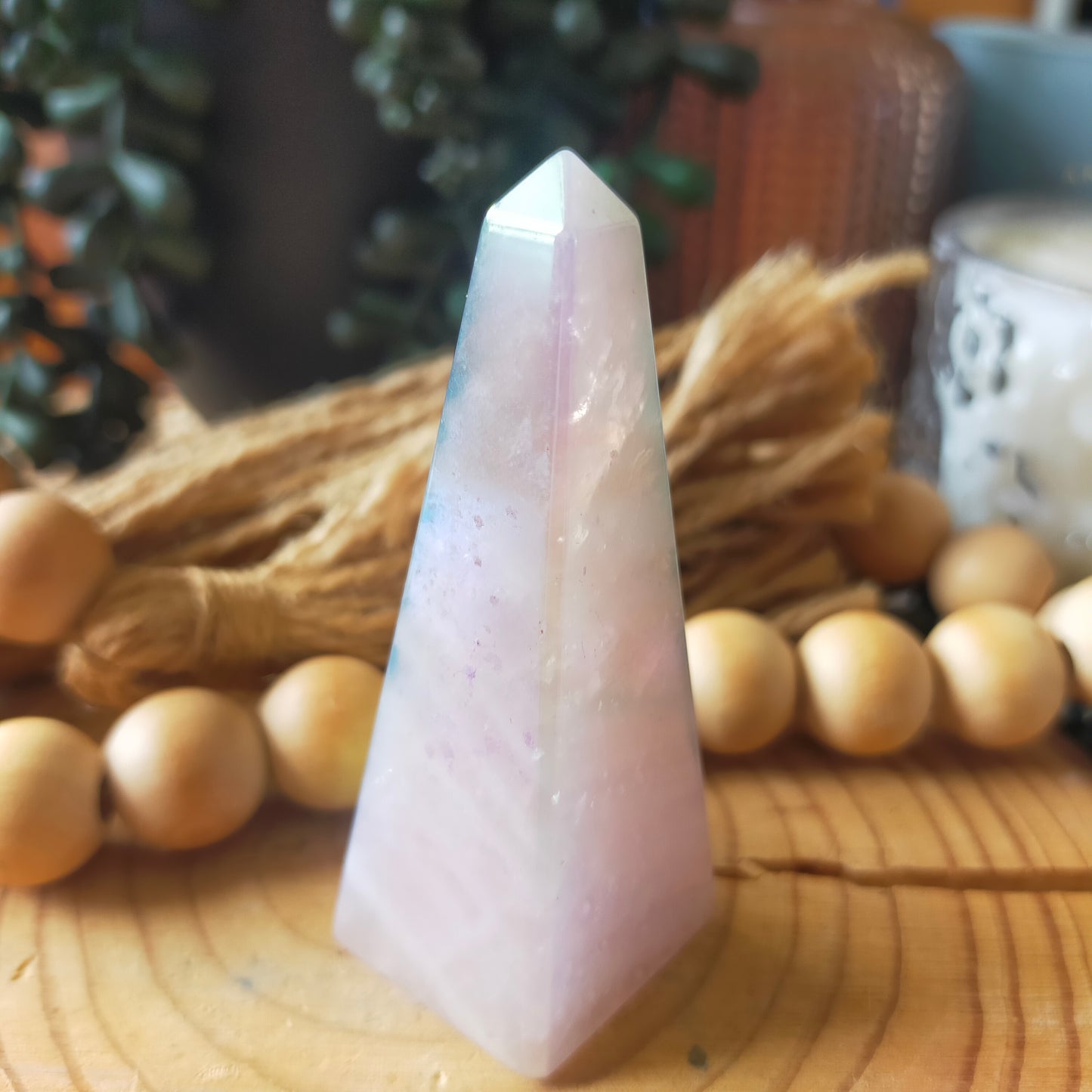 Aura Coated Rose Quartz Obelisk