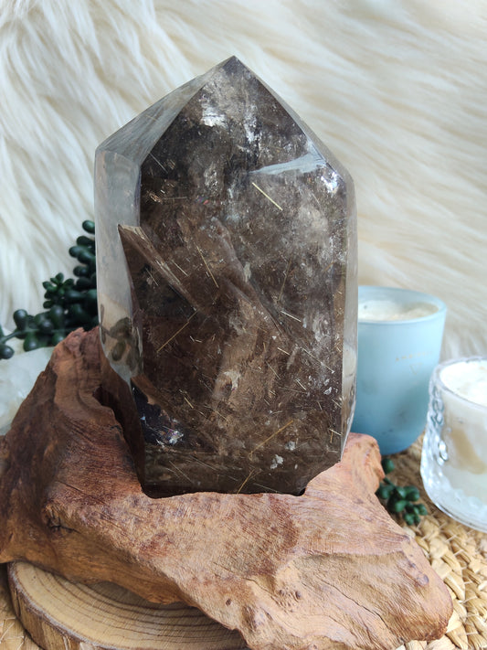 Large Rare Smokey Quartz with Golden Rutile