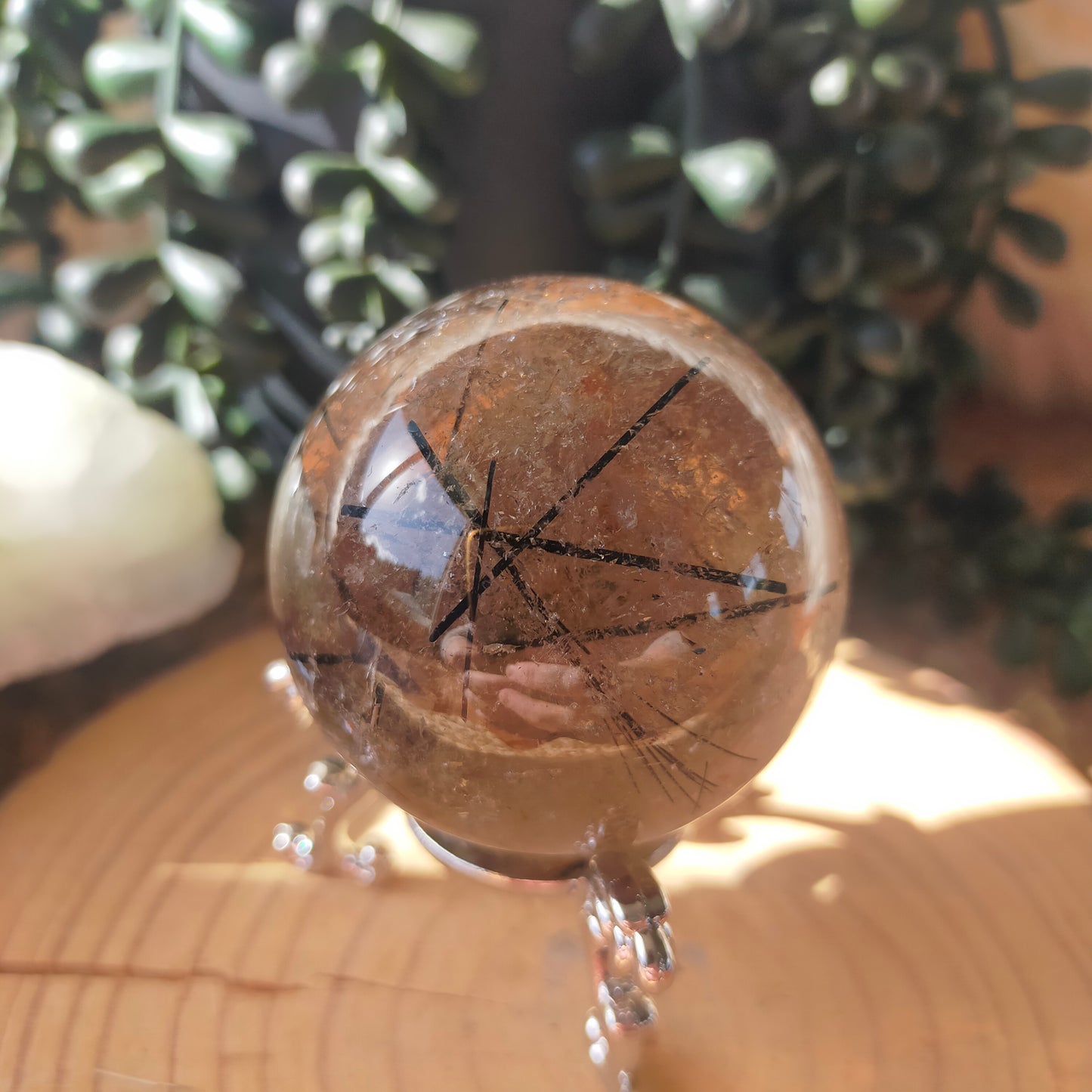 Black Tourmaline in Smokey Quartz Sphere