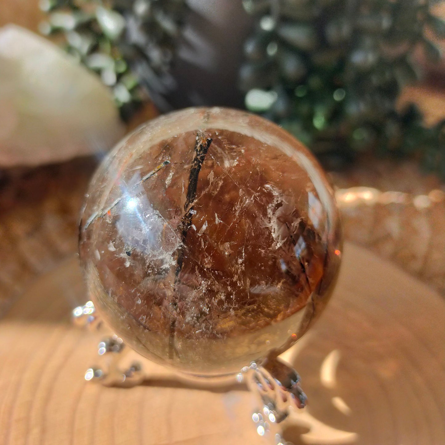 Black Tourmaline in Smokey Quartz Sphere