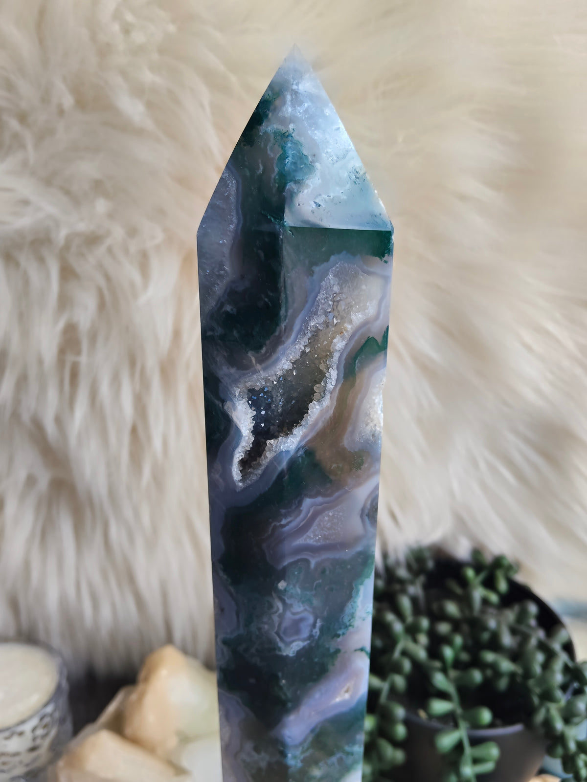 Large Moss Agate Tower