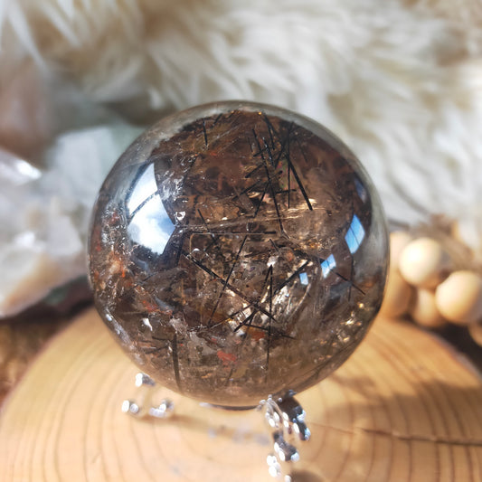Black Tourmaline in Smokey Quartz Sphere