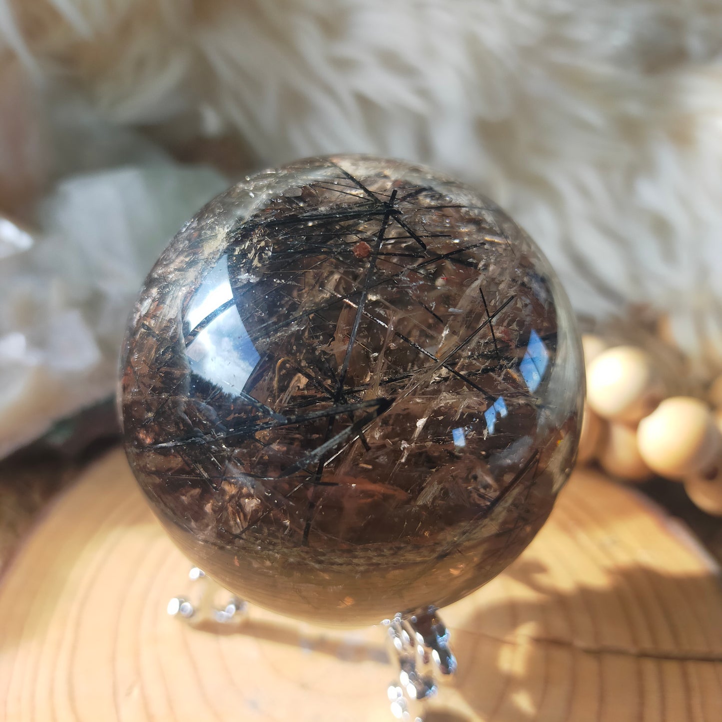 Black Tourmaline in Smokey Quartz Sphere