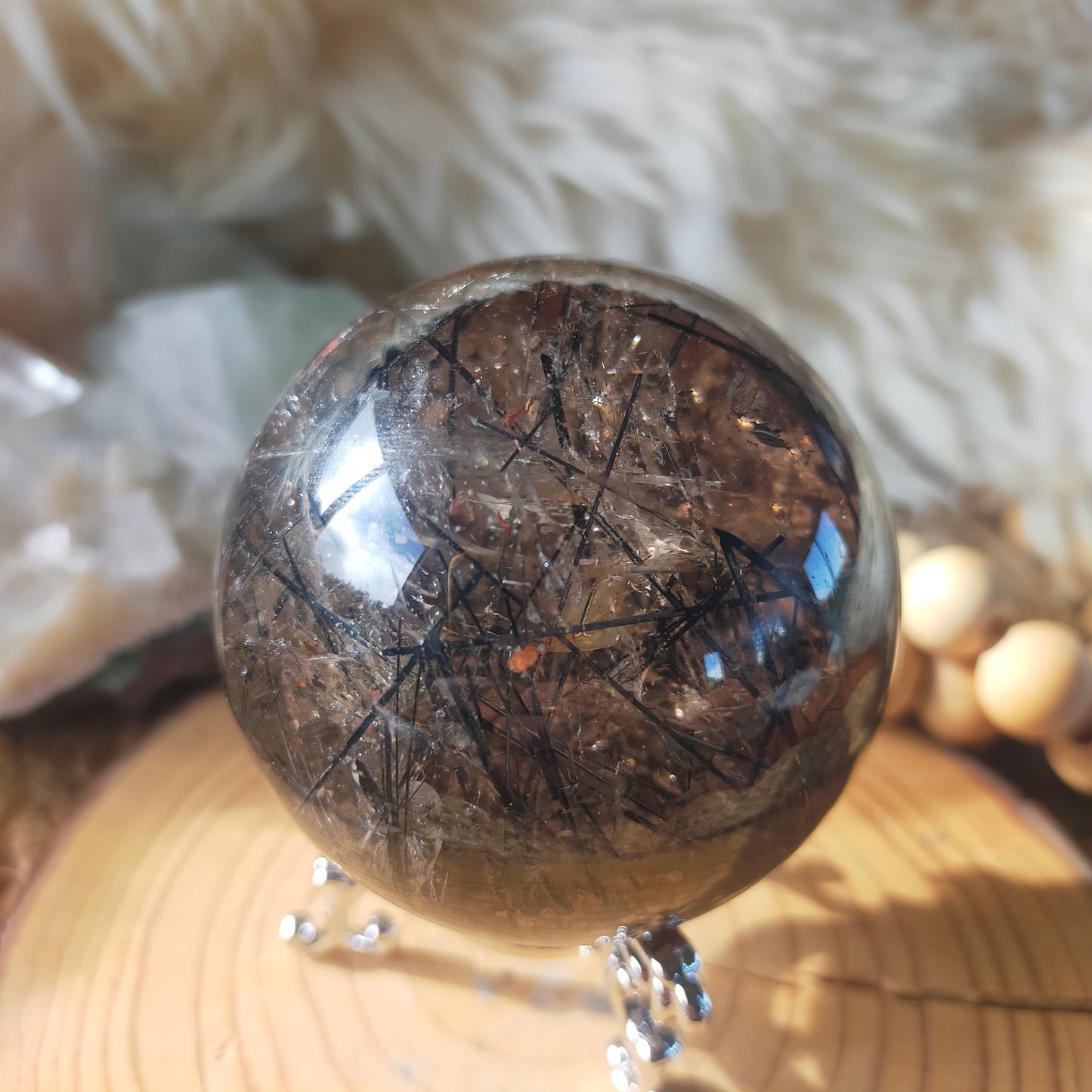 Black Tourmaline in Smokey Quartz Sphere